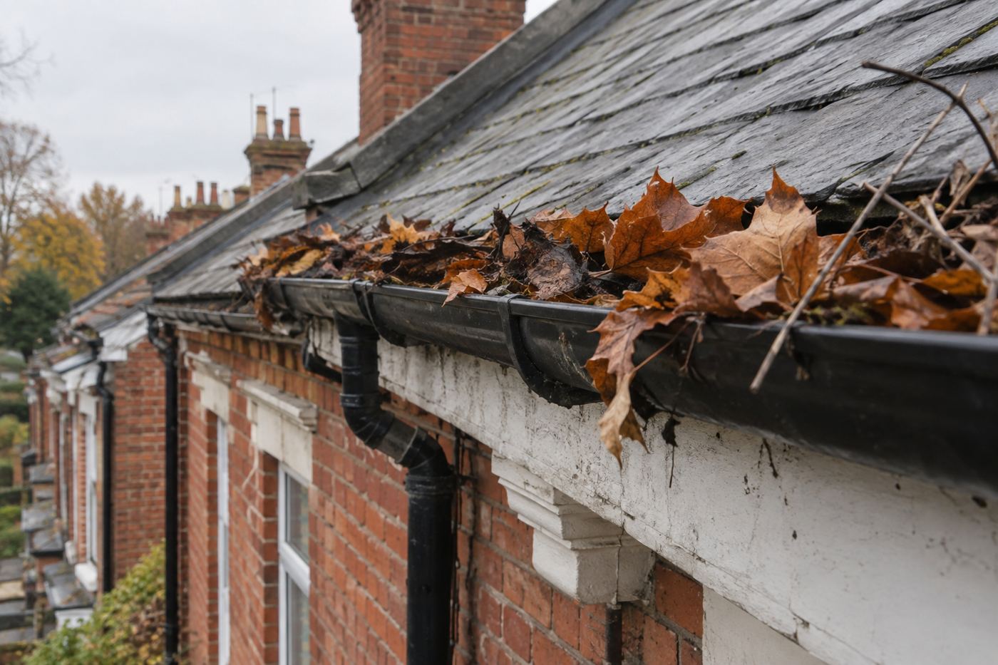 A UK terrace house gutter overflowing with dead autumn leaves and twig debris