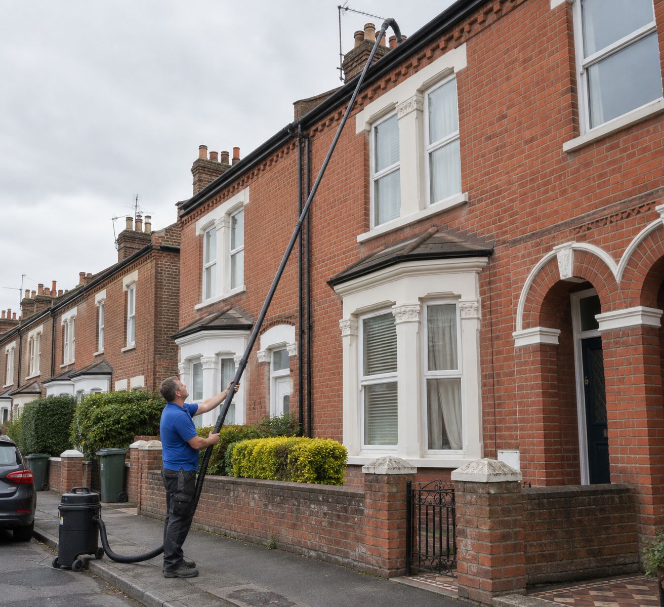 A tradesman on the ground clearing a two-storey UK terrace house gutter with a telescopic vacuum pole, no ladder needed